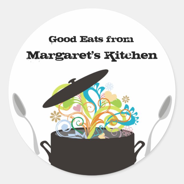 Pegatina Redonda Aromas en llamas cocinar comida en olla regalo peg (Anverso)