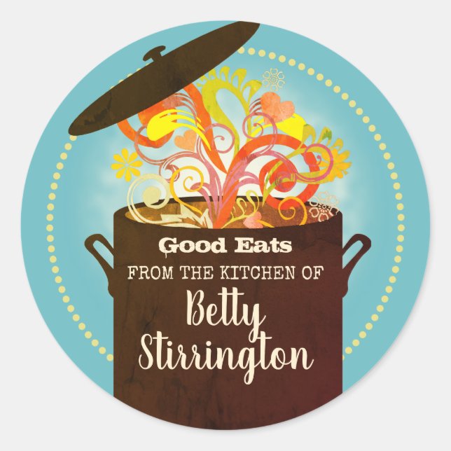 Pegatina Redonda Aromas en llamas cocinar sopa salsa estofada enlat (Anverso)