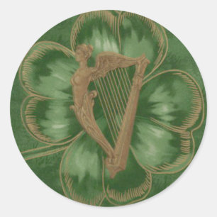 Pegatina Redonda Arpa de Erin Cuatro Leaf Clover Green