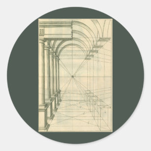 Pegatina Redonda Arquitectura antigua, arcos columnas perspectiva