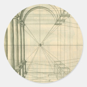 Pegatina Redonda Arquitectura antigua, arcos columnas perspectiva