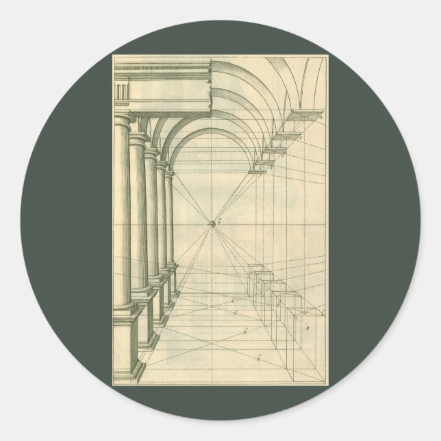 Pegatina Redonda Arquitectura de época, perspectiva de columnas de  (Anverso)