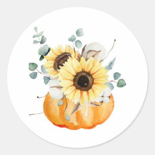 Pegatina Redonda Arreglo de calabaza y girasoles de acuarela de oto