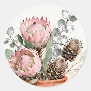 Pegatina Redonda Arreglo de Protea Eucalipto Acuarela