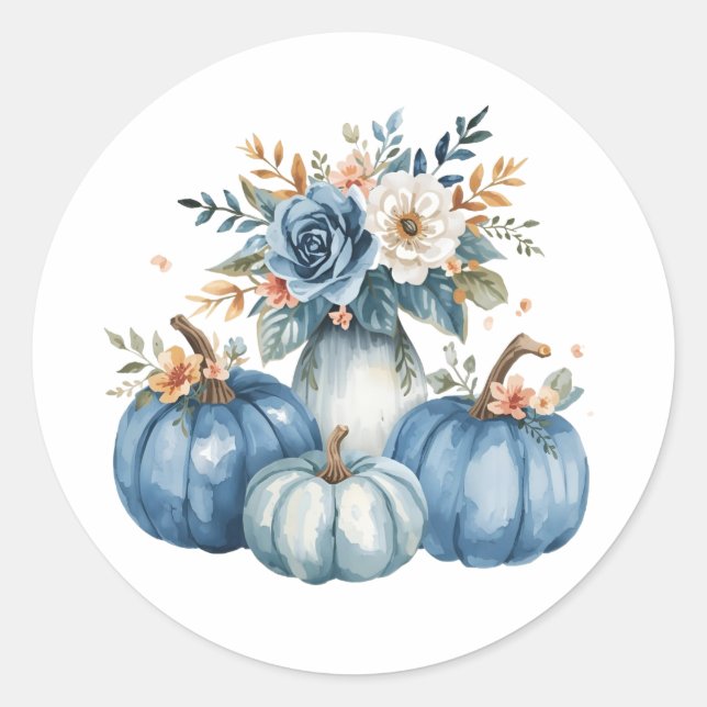 Pegatina Redonda Arreglo floral de calabaza azul (Anverso)