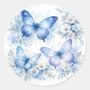 Pegatina Redonda Arreglo Floral de Mariposa Azul