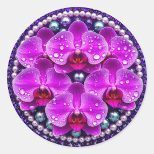 Pegatina Redonda Arreglo floral de orquídea púrpura circular