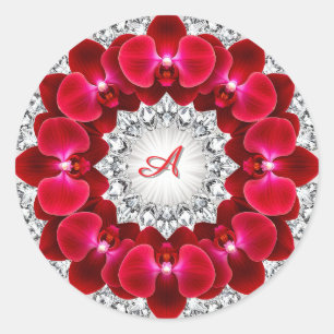 Pegatina Redonda Arreglo floral elegante con orquídeas rojas