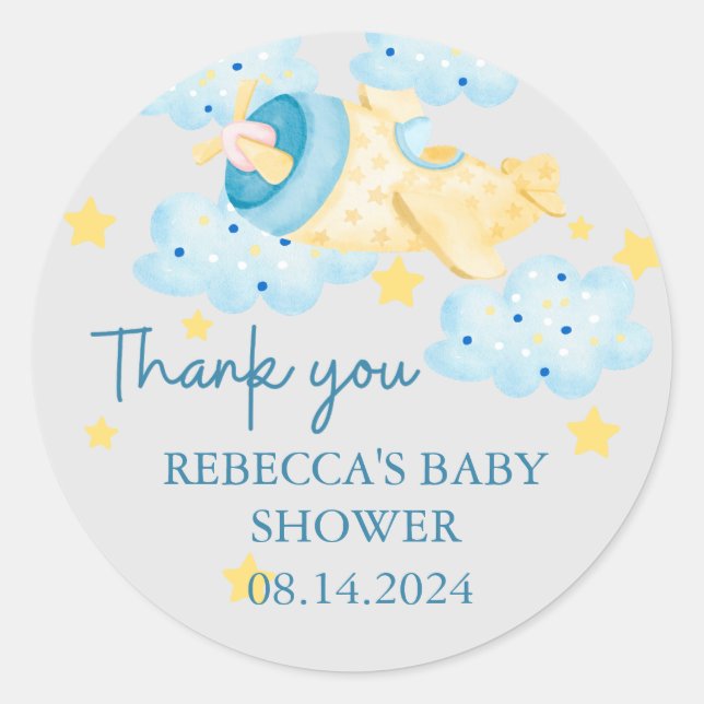 Pegatina Redonda Arriba y lejos avión amarillo Gracias (Anverso)