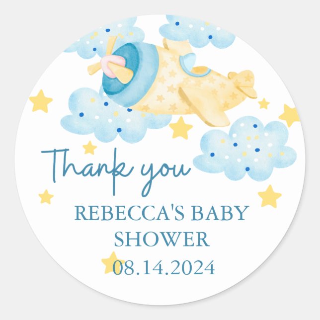 Pegatina Redonda Arriba y lejos avión amarillo Gracias (Anverso)