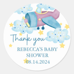 Pegatina Redonda Arriba y lejos avión morado Gracias