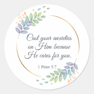 Pegatina Redonda Arroja tus ansias sobre él 1 Peter 5:7