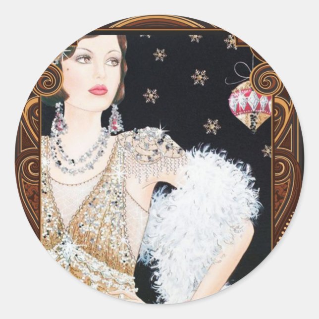 Pegatina Redonda Art Deco 1920's Flapper Christmas Sticker (Anverso)