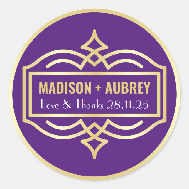 Pegatina Redonda Art Deco Boda Amor y Gracias Favor Oro Púrpura (Anverso)