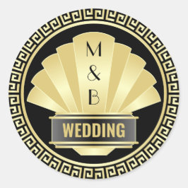 Pegatina Redonda Art Deco Boda Elegante Oro Negro Gran Gatsby