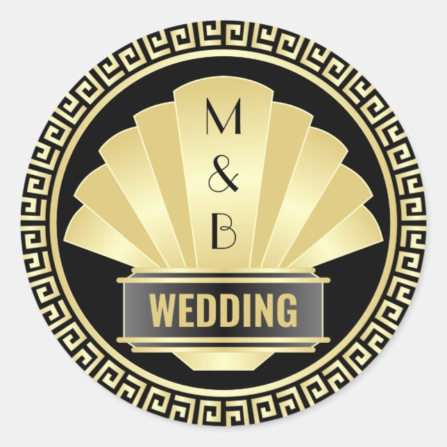Pegatina Redonda Art Deco Boda Elegante Oro Negro Gran Gatsby (Anverso)