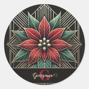 Pegatina Redonda Art Decó Floral Retro Personalizado Poinsettia