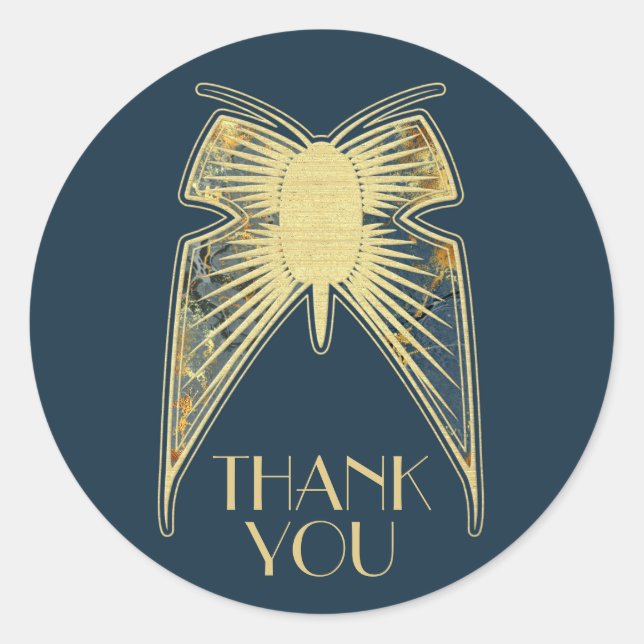 Pegatina Redonda Art Deco Mariposa Blue Gold "Gracias" (Anverso)