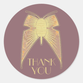 Pegatina Redonda Art Deco Mariposa Moda Oro Rosa "Gracias"