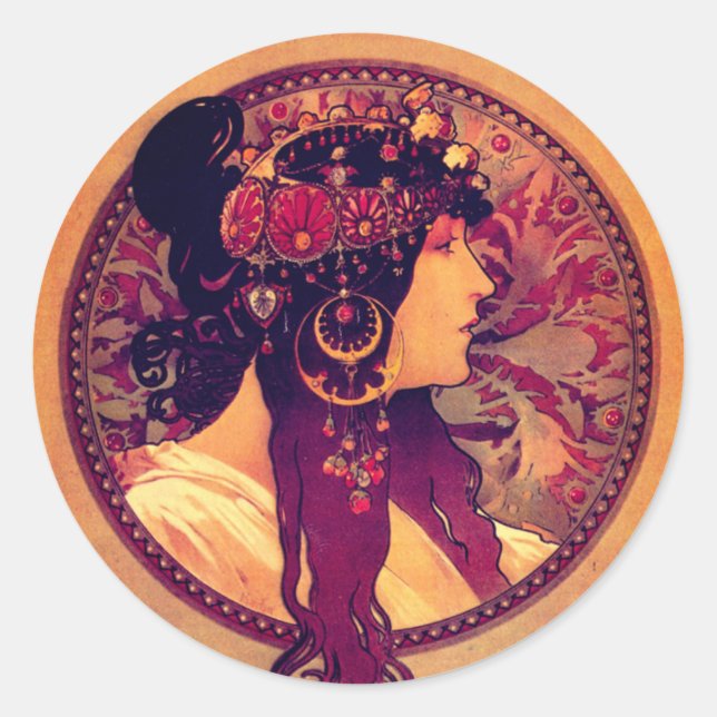 Pegatina Redonda Art Nouveau Alphonse Mucha Donna Mujer elegante (Anverso)