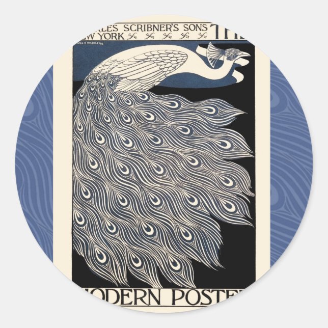 Pegatina Redonda Art Nouveau azul de Peacock (Anverso)