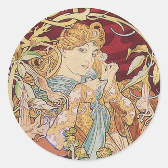 Pegatina Redonda Art Nouveau de Mucha: Mujer con Daisy (Anverso)