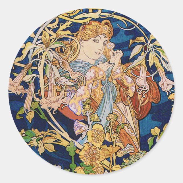Pegatina Redonda Art Nouveau de Mucha: Mujer con Daisy (Anverso)