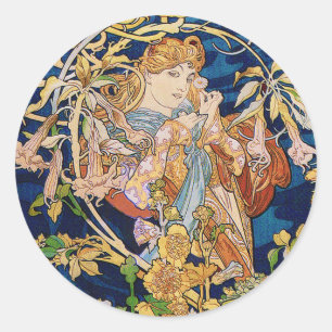 Pegatina Redonda Art Nouveau de Mucha: Mujer con Daisy