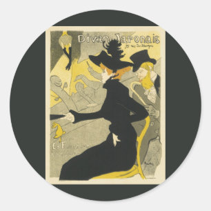 Pegatina Redonda Art Nouveau, Divan Japonais por Toulouse Lautrec