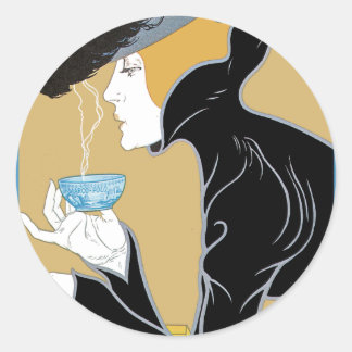 Pegatina Redonda Art Nouveau Lady tomando té