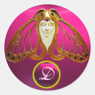 PEGATINA REDONDA ART NOUVEAU MOTH MUJER PINK FUCHSIA GEM MONOGRAM
