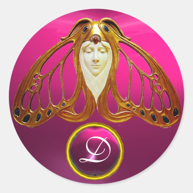 PEGATINA REDONDA ART NOUVEAU MOTH MUJER PINK FUCHSIA GEM MONOGRAM (Anverso)