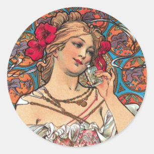 Pegatina Redonda Art Nouveau - Mucha - anuncio perfume