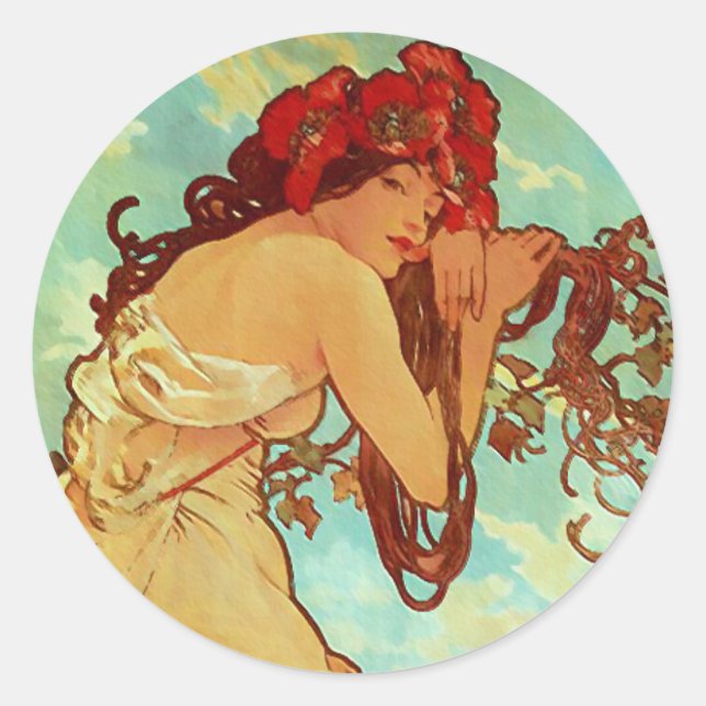 Pegatina Redonda Art Nouveau - Mucha - Verano (Anverso)