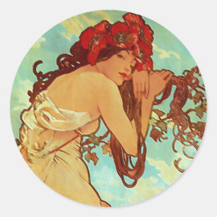 Pegatina Redonda Art Nouveau - Mucha - Verano