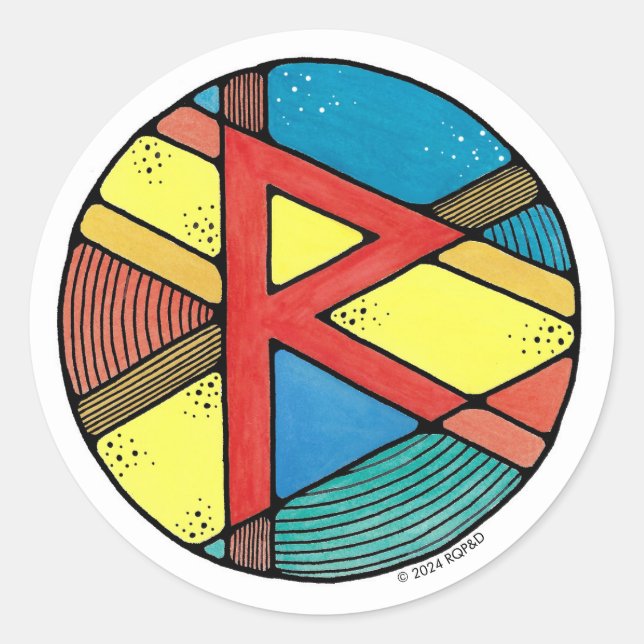 Pegatina Redonda Art Nouveau Rune Raidho - EQUILIBRIO (Anverso)