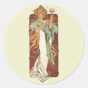Pegatina Redonda Art Nouveau vintage, Champagne de Alphonse Mucha