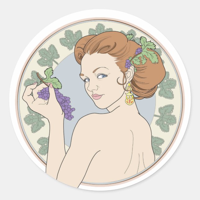 Pegatina Redonda Art Nouveau Wine Lover Chica con uvas (Anverso)