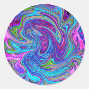 Pegatina Redonda Arte abstracto retro groovy azul, rosa y púrpura