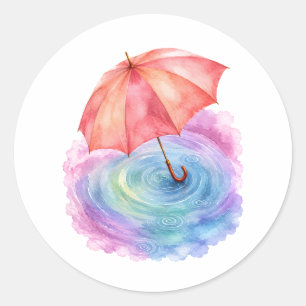 Pegatina Redonda Arte Acuarela de Paraguas Pastel Ondas de Lluvia