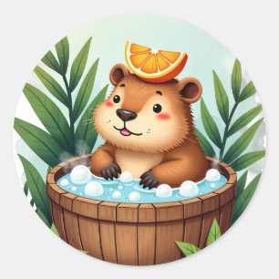 Pegatina Redonda Arte Acuarela de Relajación en Bañera de Capibara 