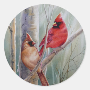 Pegatina Redonda Arte acuarela del par de pájaros rojo cardenal nor