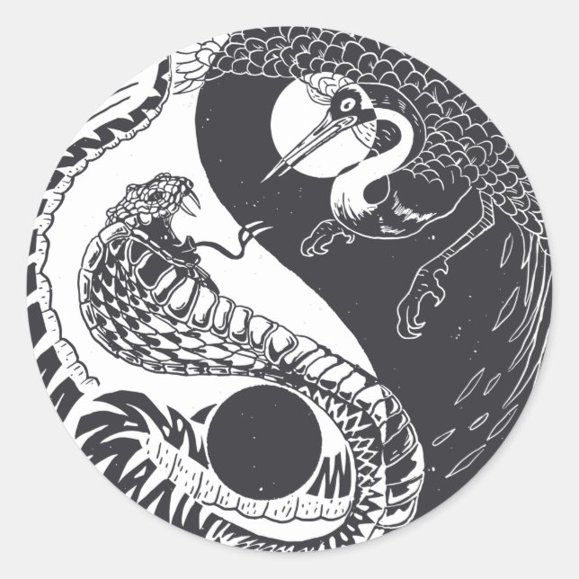 Pegatina Redonda Arte animal Yin Yang, serpiente contra ave (Anverso)