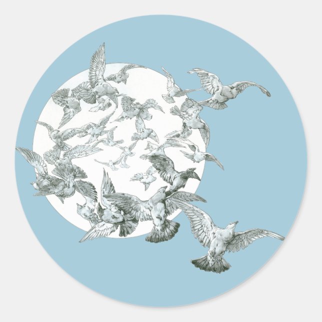 Pegatina Redonda Arte antiguo modernista bandada de pájaros con lun (Anverso)
