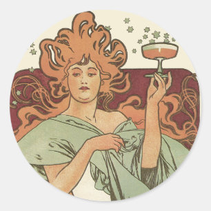 Pegatina Redonda Arte Antiguo Moderno, Champán de Alphonse Mucha