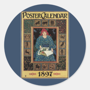 Pegatina Redonda Arte Antiguo Moderno, Mujer Leyendo Libro de Astro