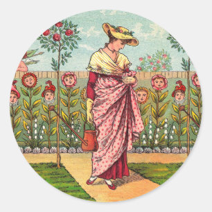 Pegatina Redonda Arte Antiguo Mujer Flor Creciente Jardín