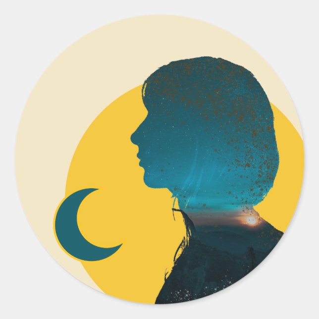 Pegatina Redonda Arte Azul Escura Clássica Contemplativa e Criativa (Anverso)