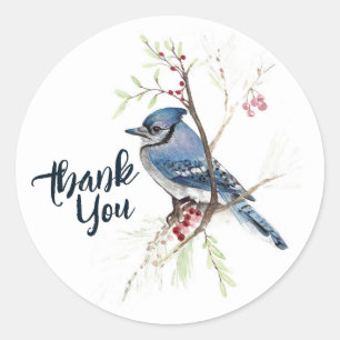 Pegatina Redonda Arte Blue Jay Bird Berries