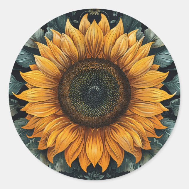 Pegatina Redonda Arte botánico de girasol intrincado (Anverso)